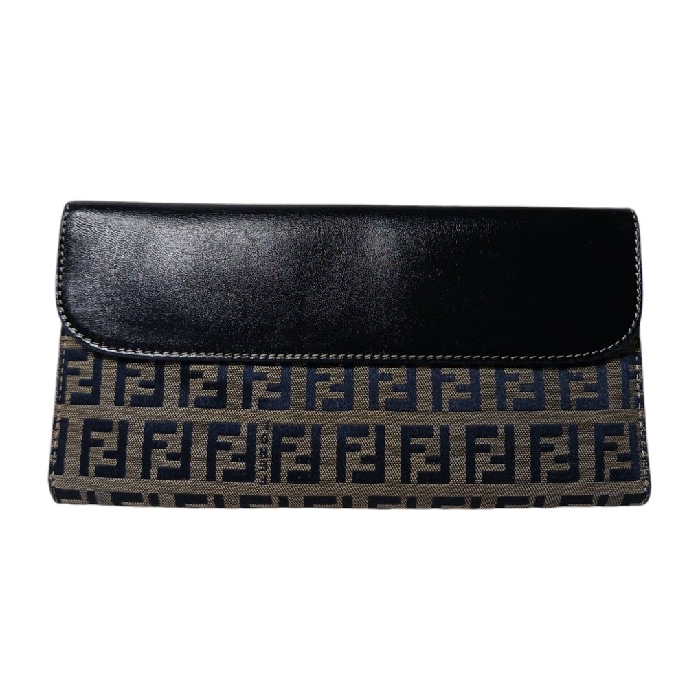 FENDI Zucchino canvas long wallet with button snap silver brass logo navy Blue - Picture 2 of 16